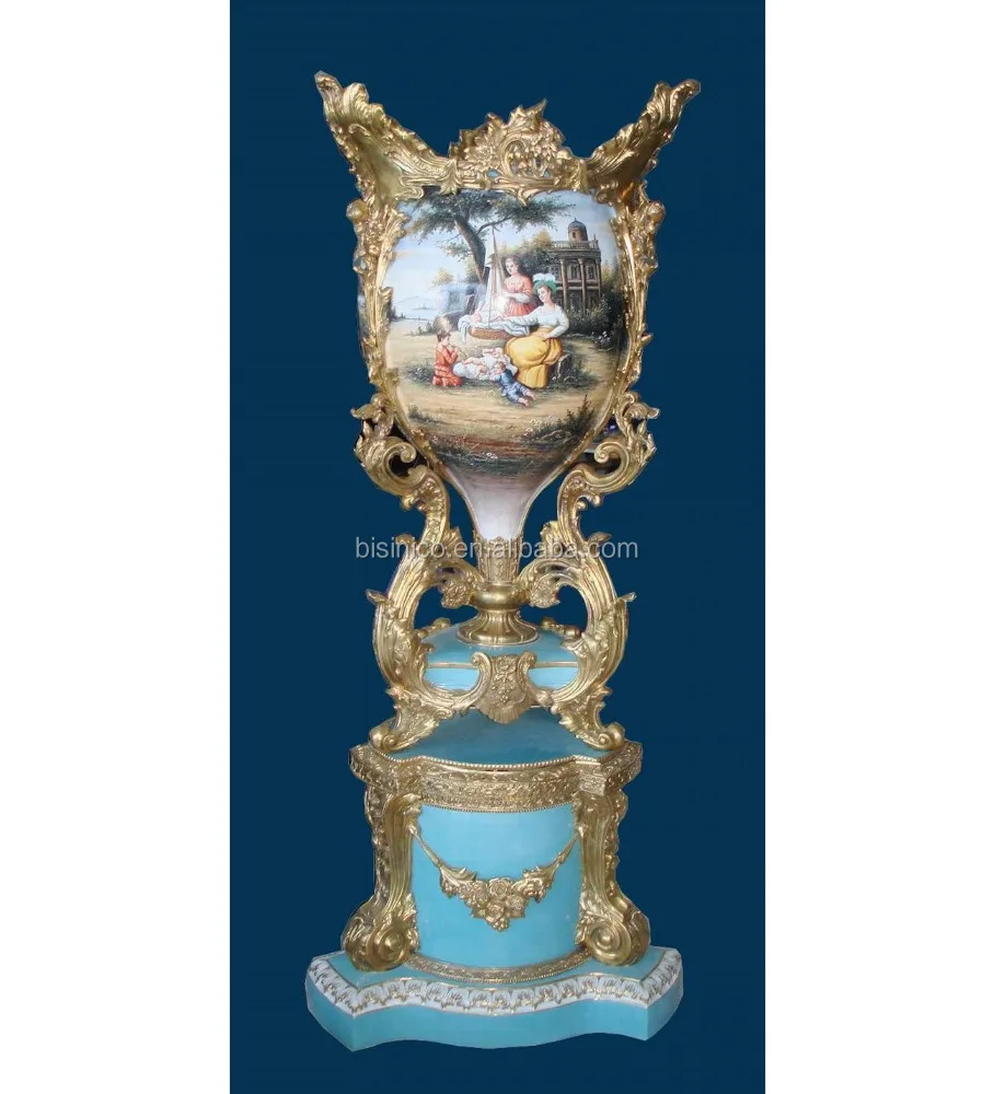 
Luxury Baroque Porcelain Large Vase/Porcelian Light Blue Vase/Home Decor Antique Vase With Gilt Bronze Base and Handle 