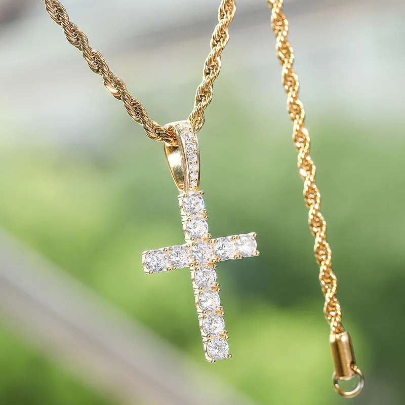 

Iced Out Hiphop Bling Bling Jewelry 925 Sterling Silver Necklace Gold Plated Micro Pave AAA CZ Cross Pendant Necklace, Picture
