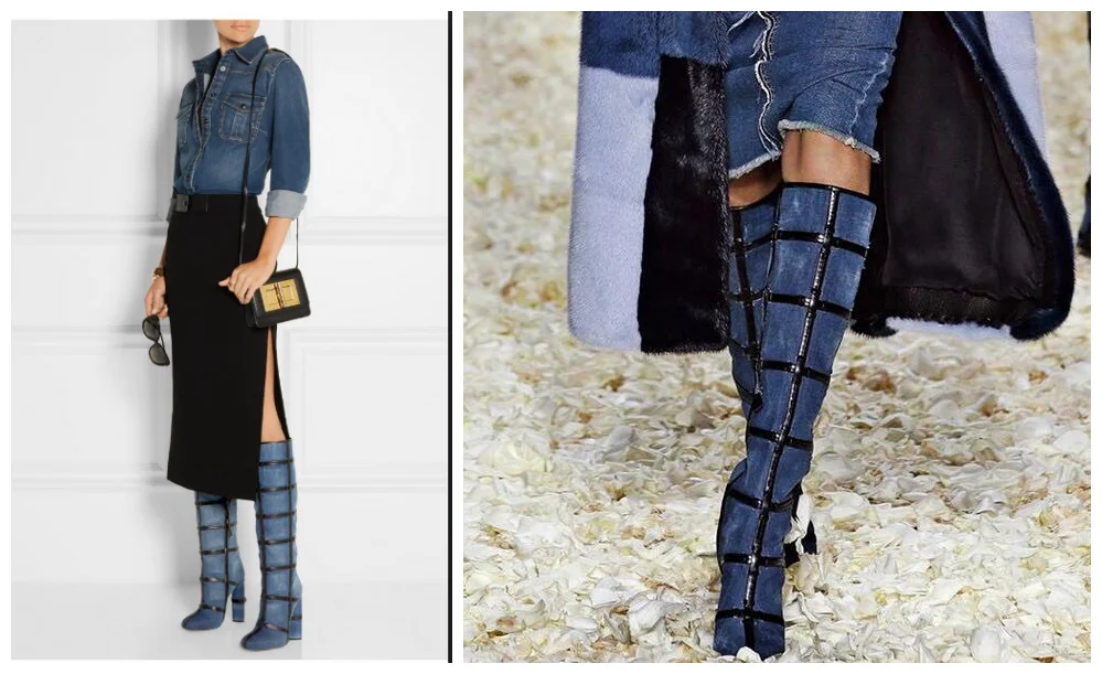 Most popular denim knee high heel boots ,top quality denim long boots, custom denim booties