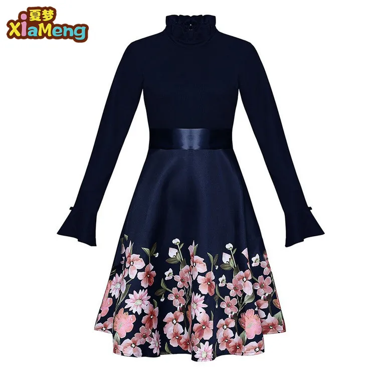 

2019 autumn long sleeve flowers women print dress, Burgundy navy black