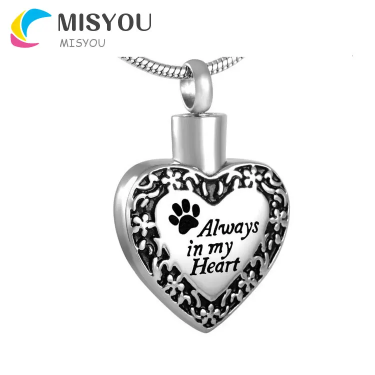 

Always in My Heart Pet Paw Prints Urn Pendant Necklace Stainless Steel Memorial Cremation Jewelry, Picture