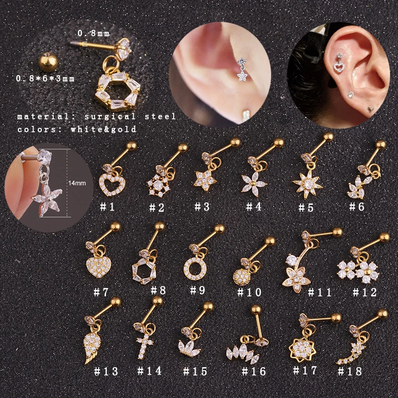 

18styles Classical Gold Plated Cz Star Feather Dangle 20G Stainless Steel Barbell Ear Tragus Piercing Helix Cartilage Jewelry