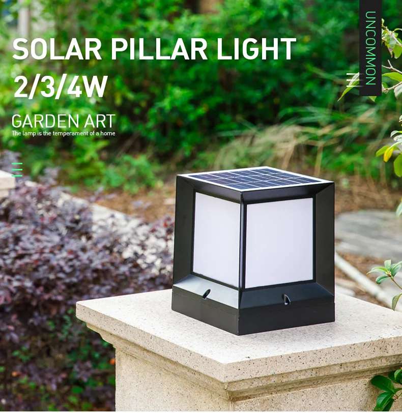 2W 3W 4W 5W Bright White Modern Design Outdoor IP65 Waterproof Square Led Solar Powered Pillar Post Light for Gate Fence Garden