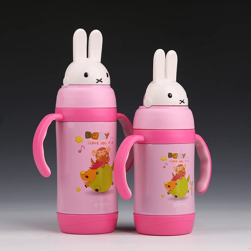 

Children Straw Type Water Bottle Stainless Steel Vacuum Cup Cute Rabbit Cartoon Style Baby Drinkware For School 350ML, Pink