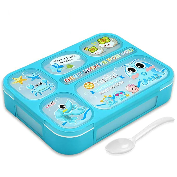 

Leakproof Bento Lunch Box for Kids, FIOLOM 5 Compartments Divided Lunch Container Set with Spoon & Fork Cute Microwave Safe Meal, Any color is available