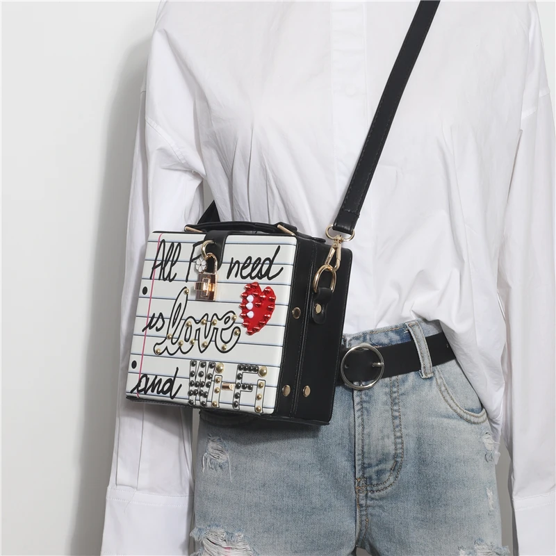 

shoulder bag fashion letter diamonds pearl rivet box shape casual female handbag party purse ladies crossbody messenger bags, Picture