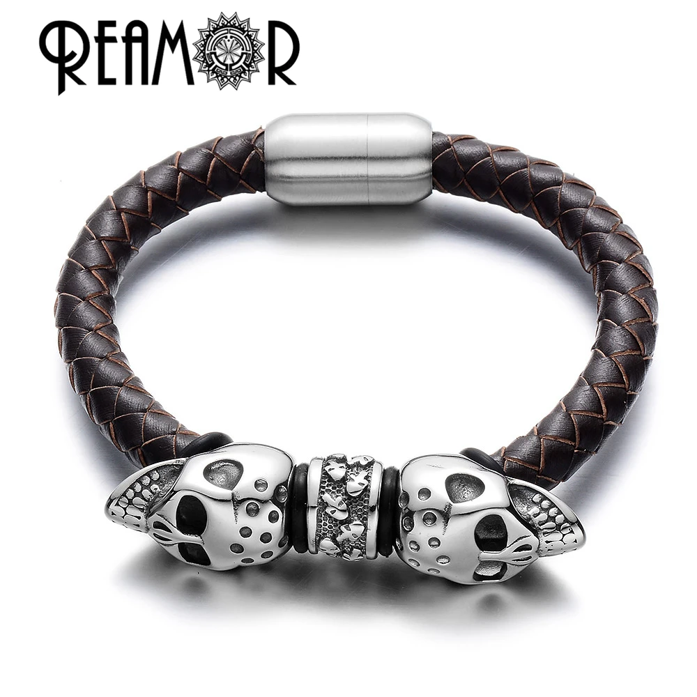 

REAMOR Men 2019 New 361L Stainless Steel Skull Bead Leather Bracelet With Strong Magnetic Clasp Bangle Jewelry Bracelet for Men