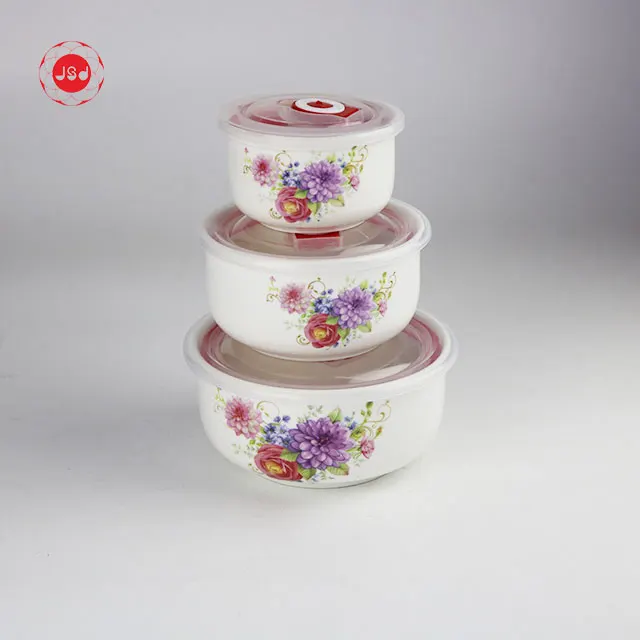 Set of 3 Flower Full Decal Fresh Bowl With Seal Lid Storage Ceramic Microwave Safe Bowl