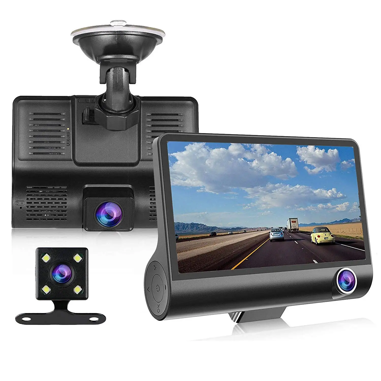 
3 Lens 4 ' LCD FHD 1080p 170 Wide Angle Dashboard Camera Recorder Car Dash Cam Car DVR Dash Cam Video Recorder Rearview Camera 