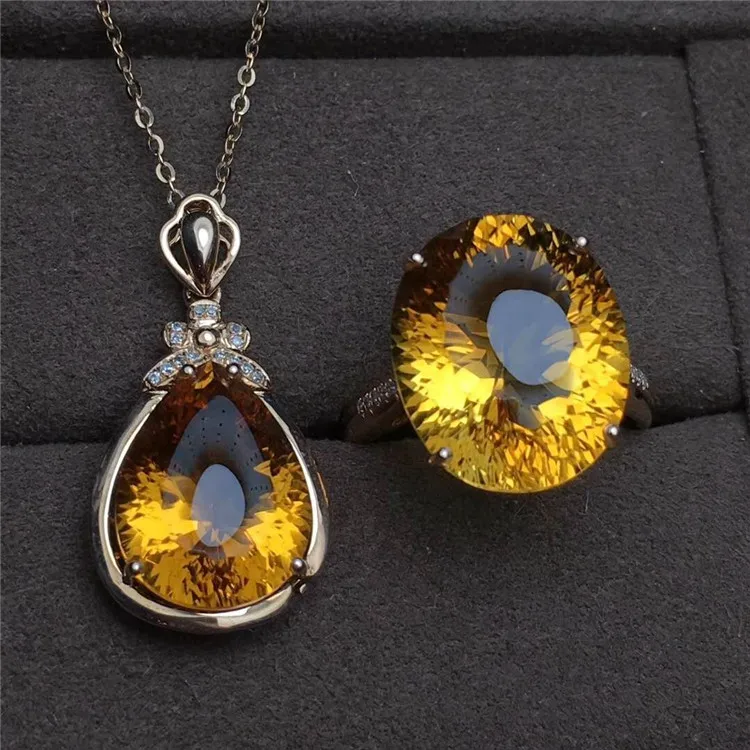 

18k gold South Africa real diamond natural yellow citrine necklace pendant ring high quality design fashion jewelry