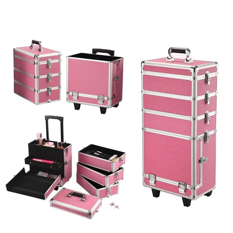 4in1 I Aluminum Cosmetic Makeup Suitcase Train Box Trolley Rolling ...