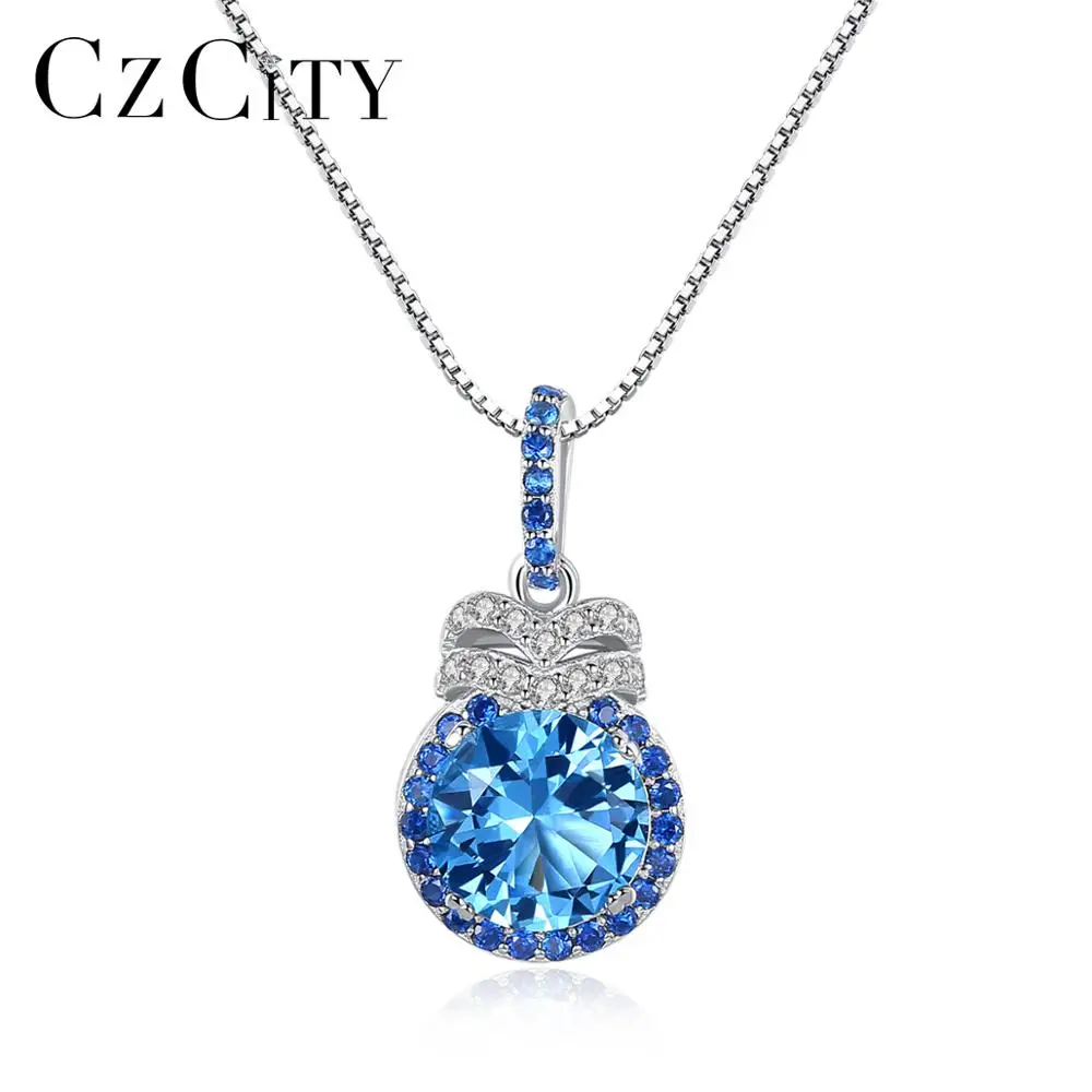 

CZCITY Jewelry Stone Necklace Topaz Lab Diamond Trending Silver 925 New Sapphire Blue Pendant & Charms