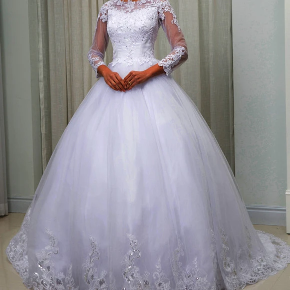 

C.V Long Sleeves Sequined Lace Embroidery Arabic Wedding Dress Ball Gown Illusion Sheer Neck Plus Size Bridal Gown