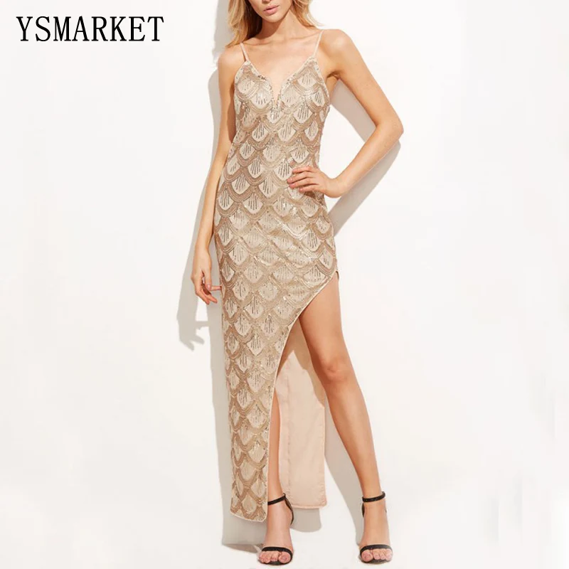 

YSMARKET winter party sexy sequin maxi long dress Sleeveless strap v neck package hip backless dresses club vestidos EA1757