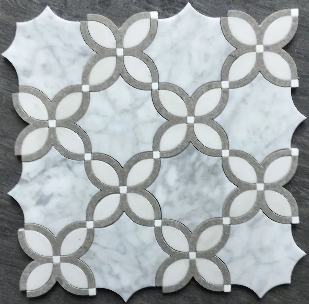 Grey wood stone mosaic tile with irregular flower pattern