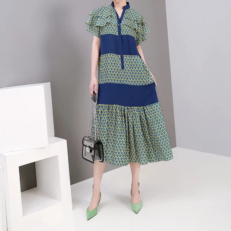 

2019 Korean Style Women Summer Green Printed Dress Sashes Geometrical Pattern A-Line Knee Length Ladies Casual Midi Dress
