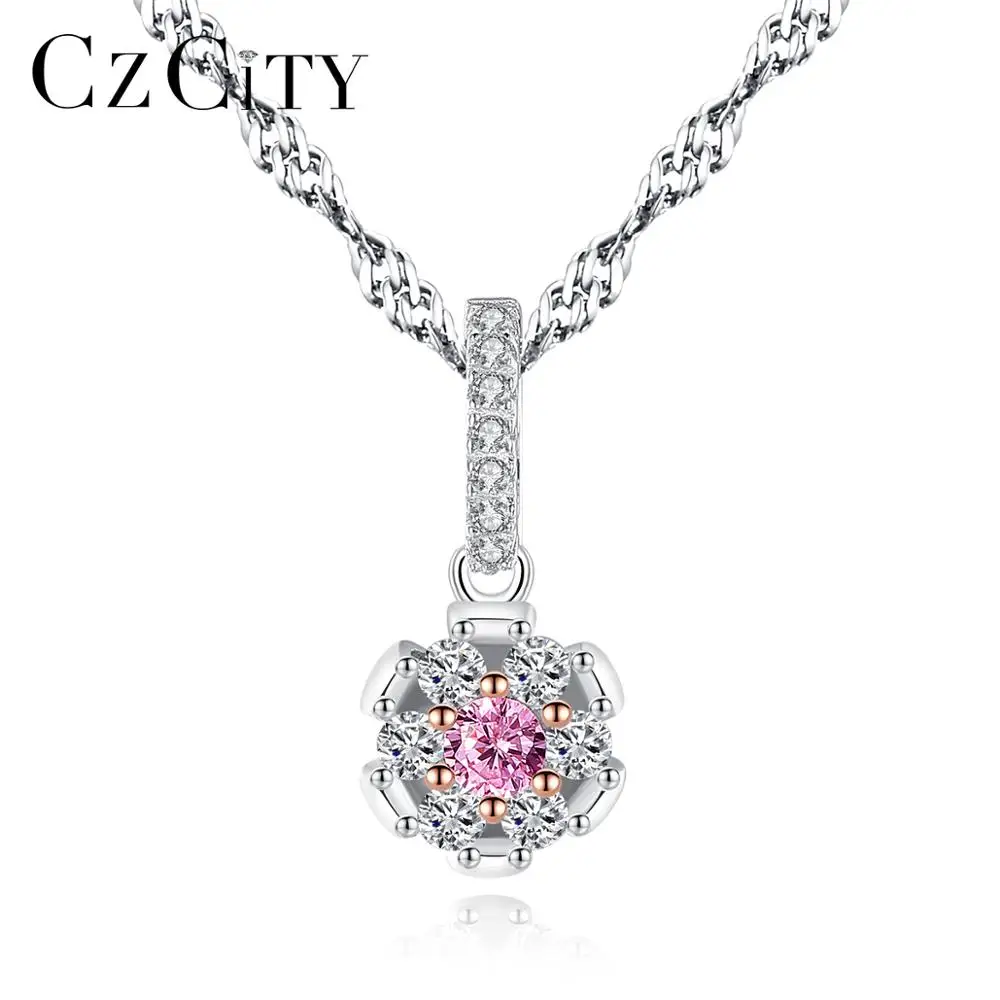 CZCITY Women Women Sister Necklace Wave 925 Silver Chain Pendant Fine Jewelry Pink Flower Pendant