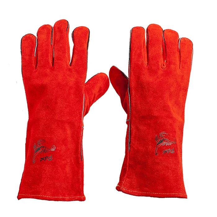 Red Heat Resistant Elbow Length Leather Gloves For Hand Protection