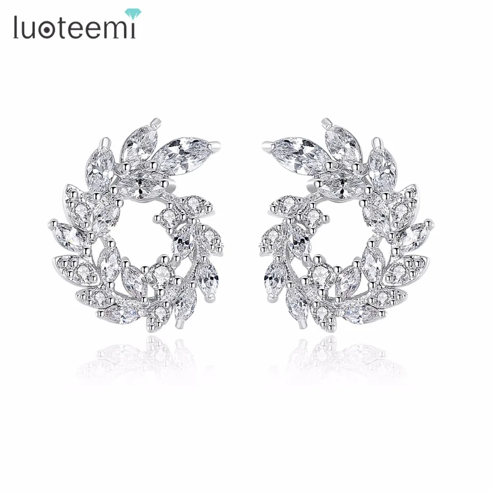 

LUOTEEMI New Luxury White Gold Color Dazzling Marquise Cut Clear Cubic Zirconia Paved Olive Branch Circle Stud Earring for Women
