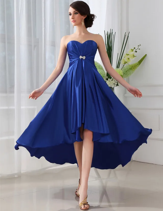 

ED016 Shinny Satin Homecoming Dress Girls Strapless prom dress Short front long back formal dress patterns, Any color that you want