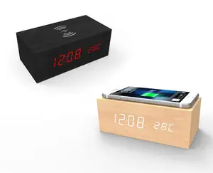 Wooden Qi Fast Wireless Charger Digital LED Clock
