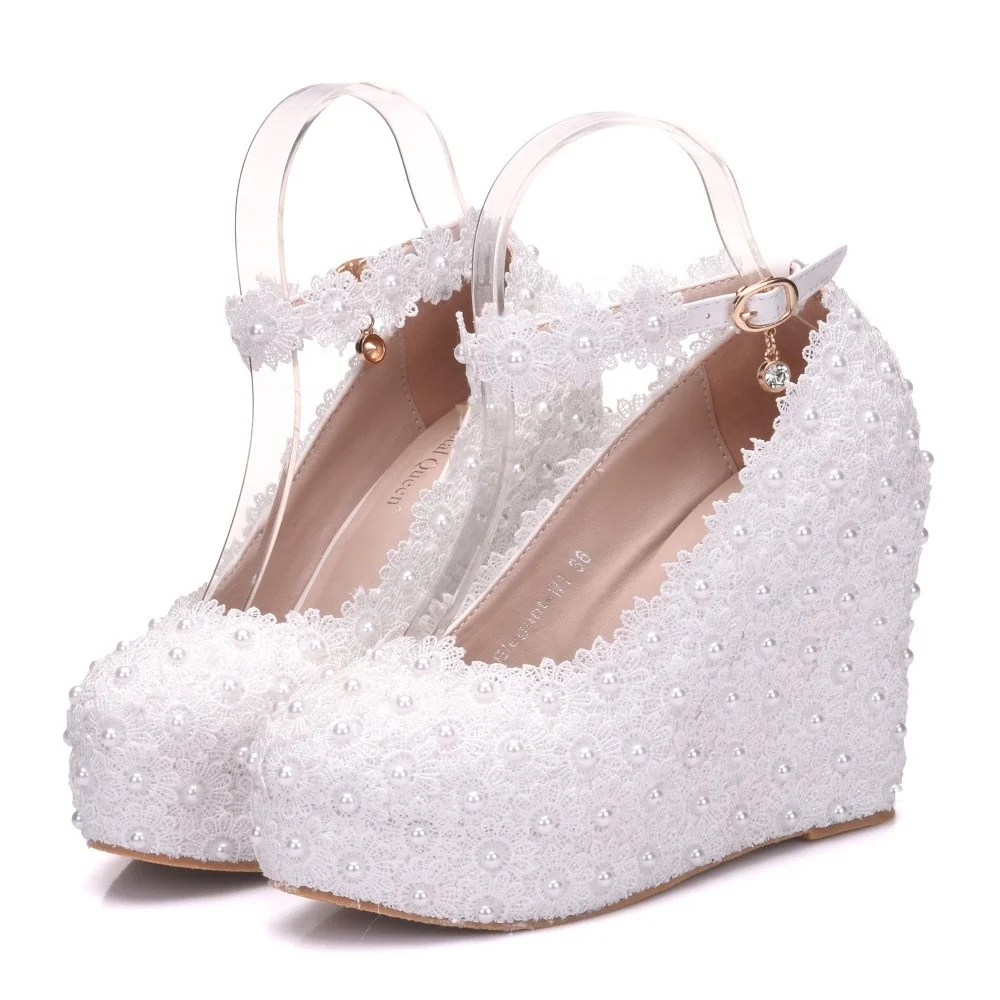 

Lace Flower Pearls Wedge Platform High Heels Pump Bride Wedding Shoes