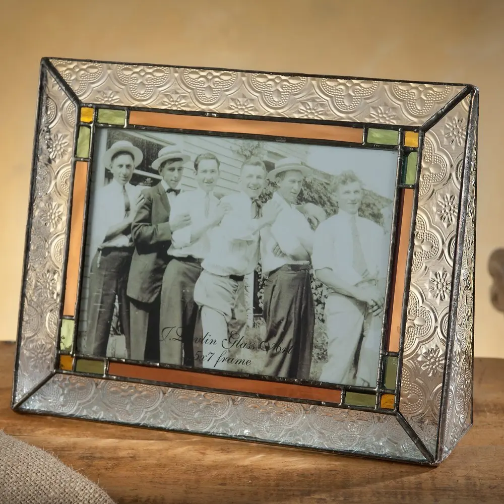 J Devlin Pic 137-57H Picture Frame Stained Glass Green Pale Purple Amber Tabletop 5x7 Horizontal Family Photo
