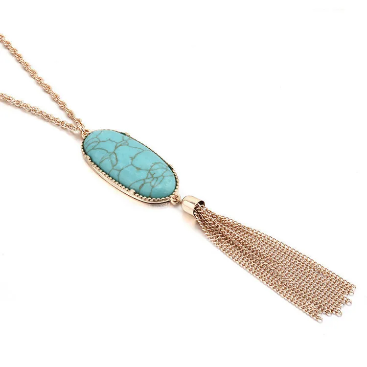 

Wholesale Monogram Long Tassel Natural Stone Pendant Sweater Necklace for Women, Colorful ,black,green..