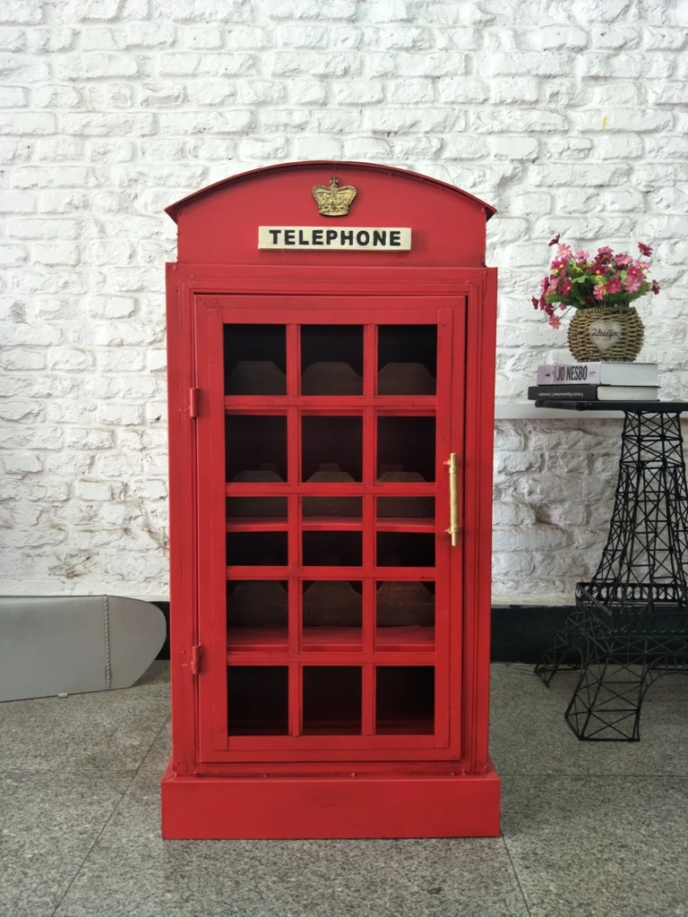 Vintage Telephone Booth Shape Metal Art Wine Rack Function Bar