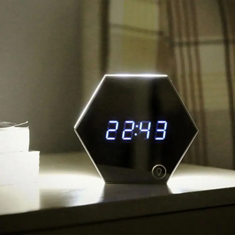 4 In 1 Multifunction Hexagonal Mirror Electronic Digital Alarm Clock