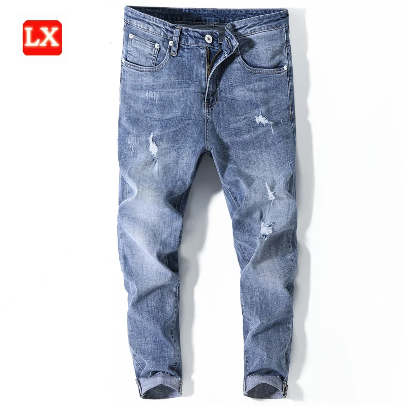 

Original branded fashion men jeans ripped denim fabric blue washed high quality trousers men, Customized color