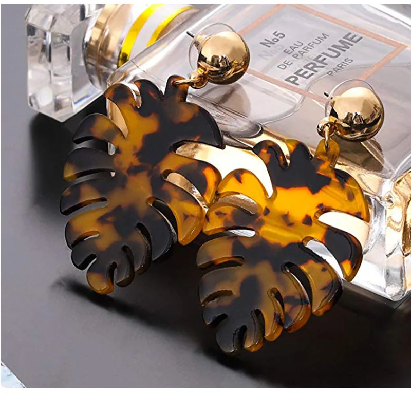 

Amazon Hot Sale Acrylic Statement Jewelry Leopard Lucite Leaves Drop Earrings Tortoiseshell Acrylic Leaf Drop Earrings