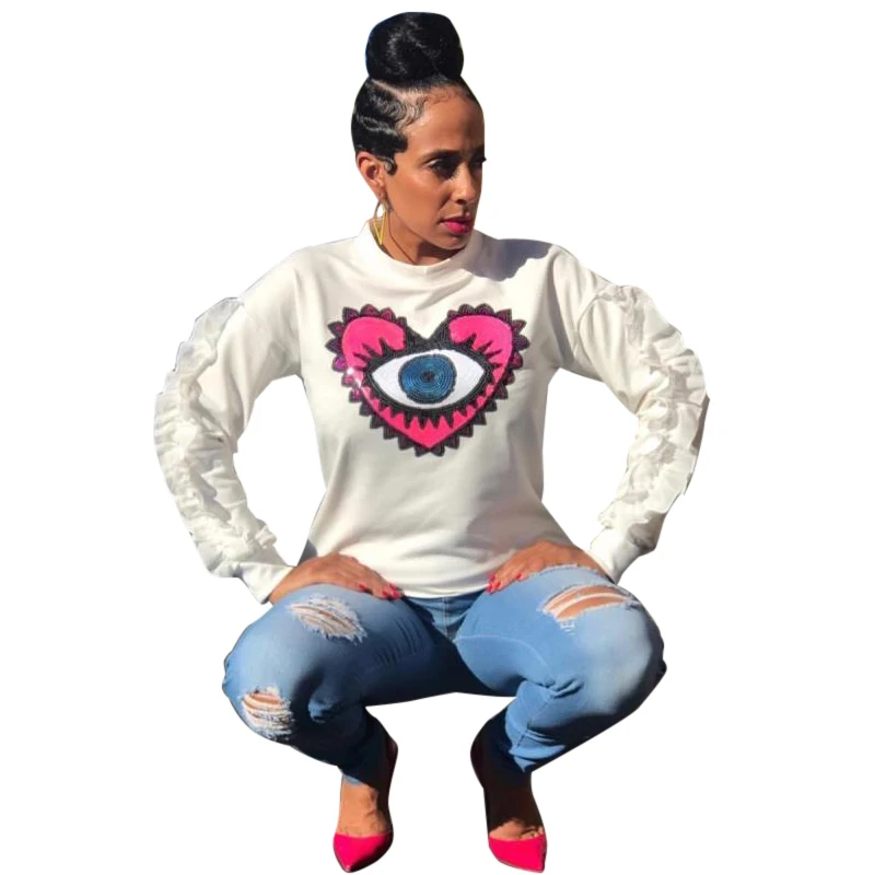 KC-PB8197 Kuchi-Global wholesale women fashion white sequins ruffles t shirt