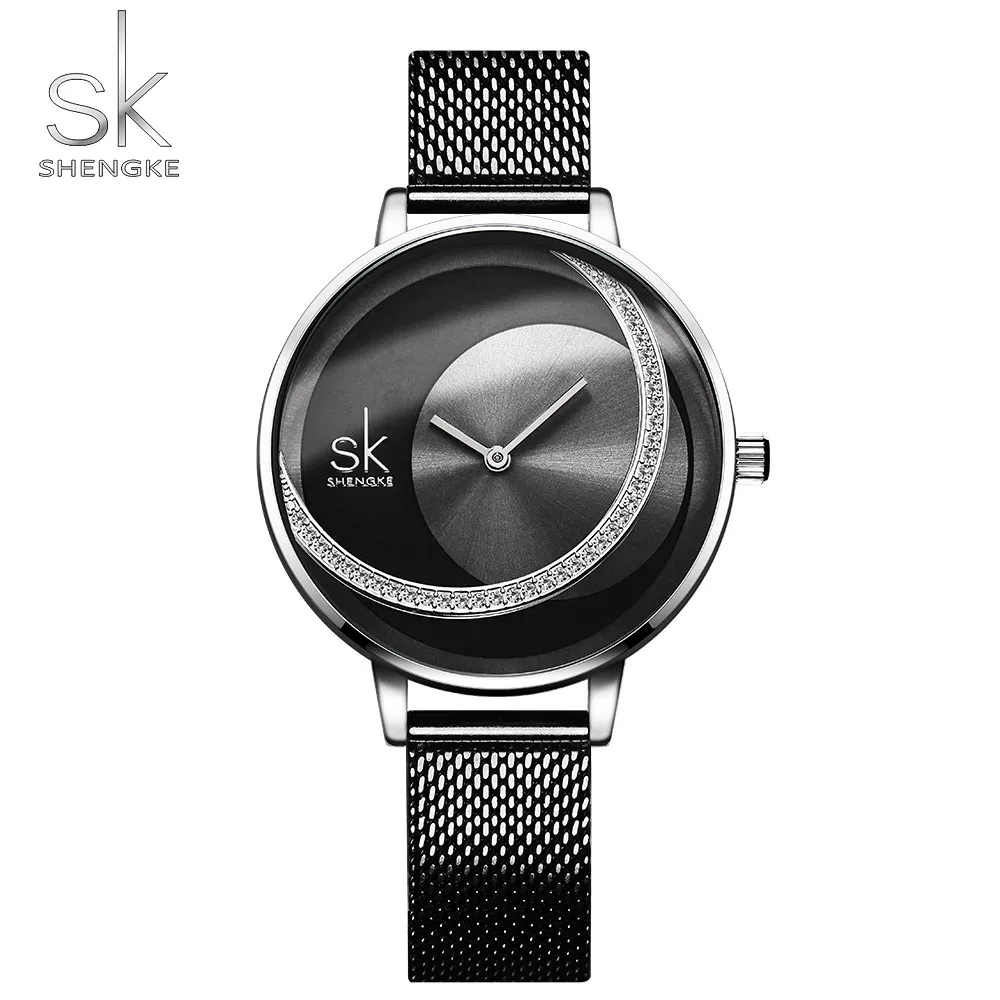 

SHENGKE Top Brand Women Quartz Wristwatches Fashion Casual Dress Luxury Black Mesh Watch Rhinestone Waterproof Reloj Mujer SK, 4colors for choice