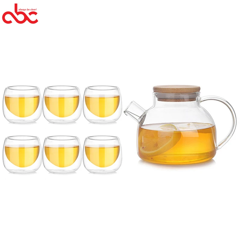 

Heat Resistant Handmade Borosilicate Bamboo Lid Glass Teapot With Tea Cups Set In Gift Box