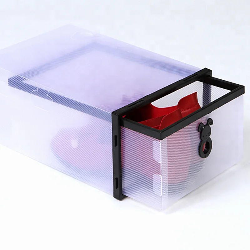 

Home Packaging Crystal POLY Clear Plastic PP Lady Size Shoe Organizer Boxes With Drawer, Pink, blue, purple, black, white, green