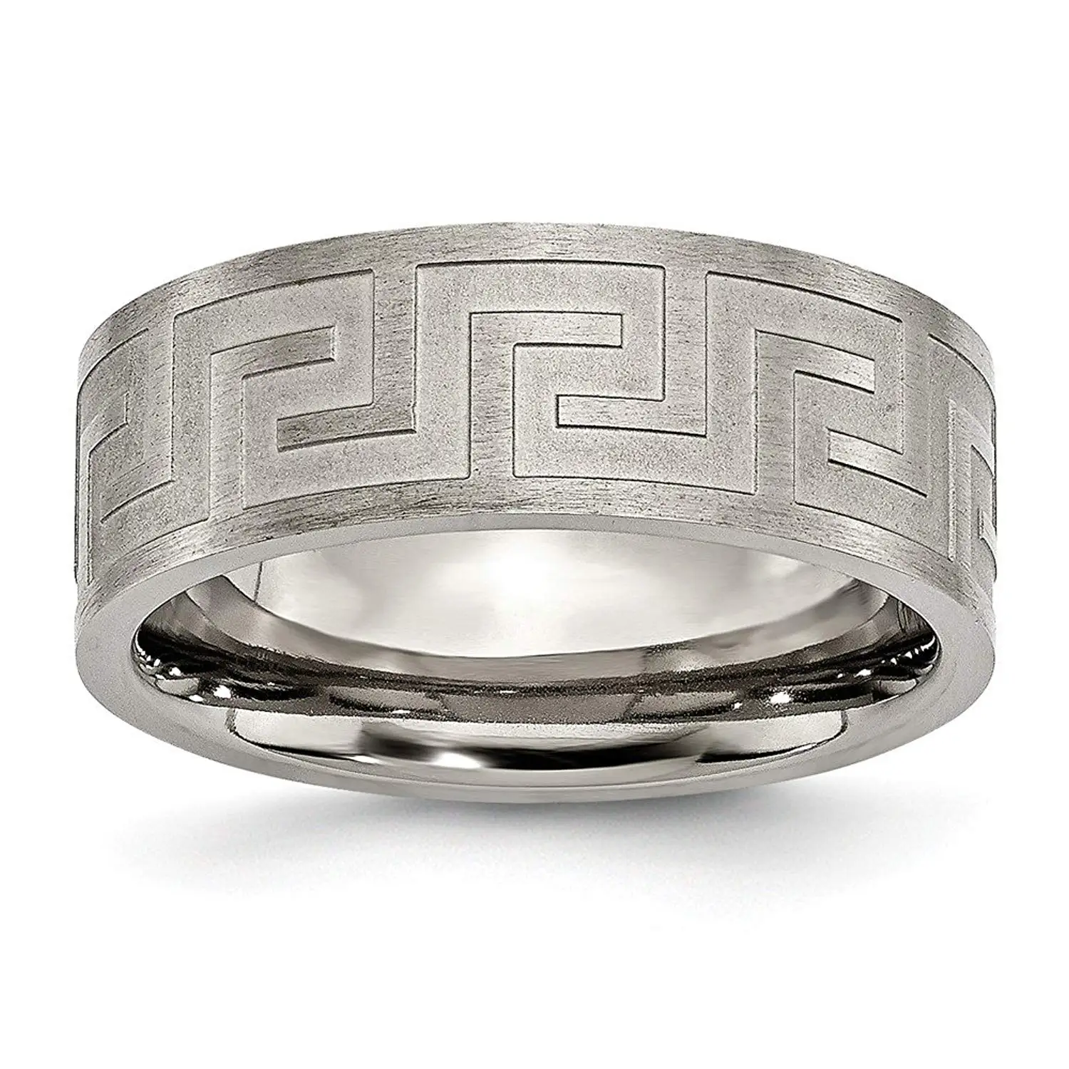 8mm Laser Etched Greek Key Pattern Black IP Plated Brushed and Polished Finish Designer Titanium Contemporary Wedding Band