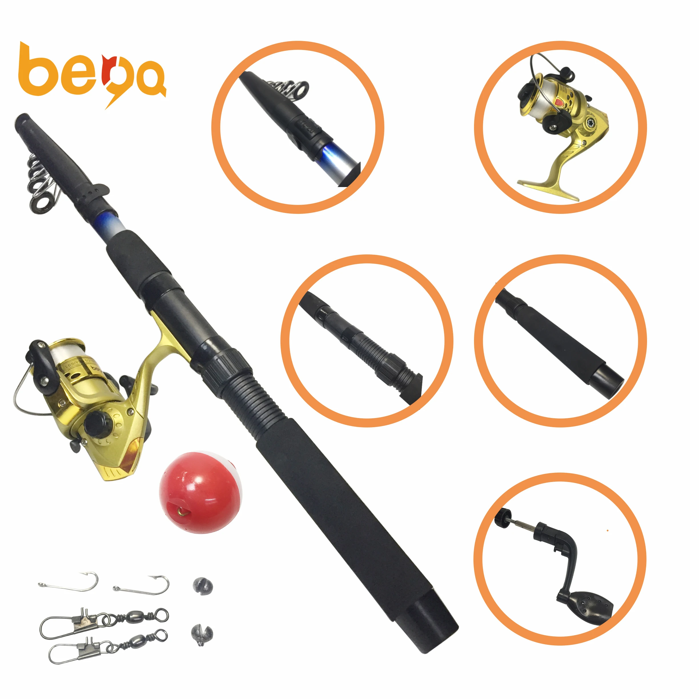 

New Spinning Telescopic Fishing Rod and reel Combo Kit Set with Fishing floats and hooks fishing combo blister package, Black/white/red/yellow/orange, customizable