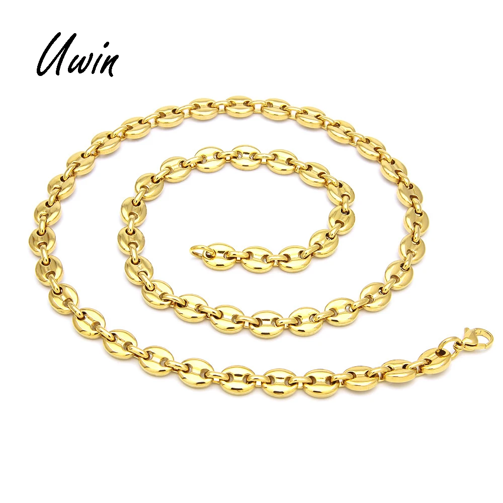 

New Design HipHop Stainless Steel Gold Silver Color Plated Coffee Bean Chain Necklace for Men, Gold plating,and steel color