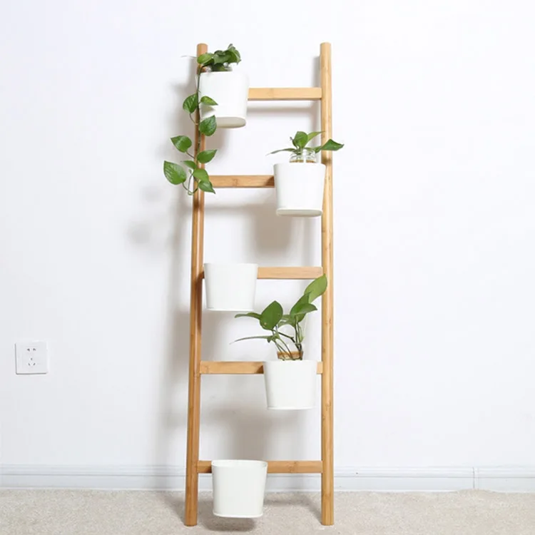 White Bamboo Decorative Vertical Ladder Plant Stand View Vertical
