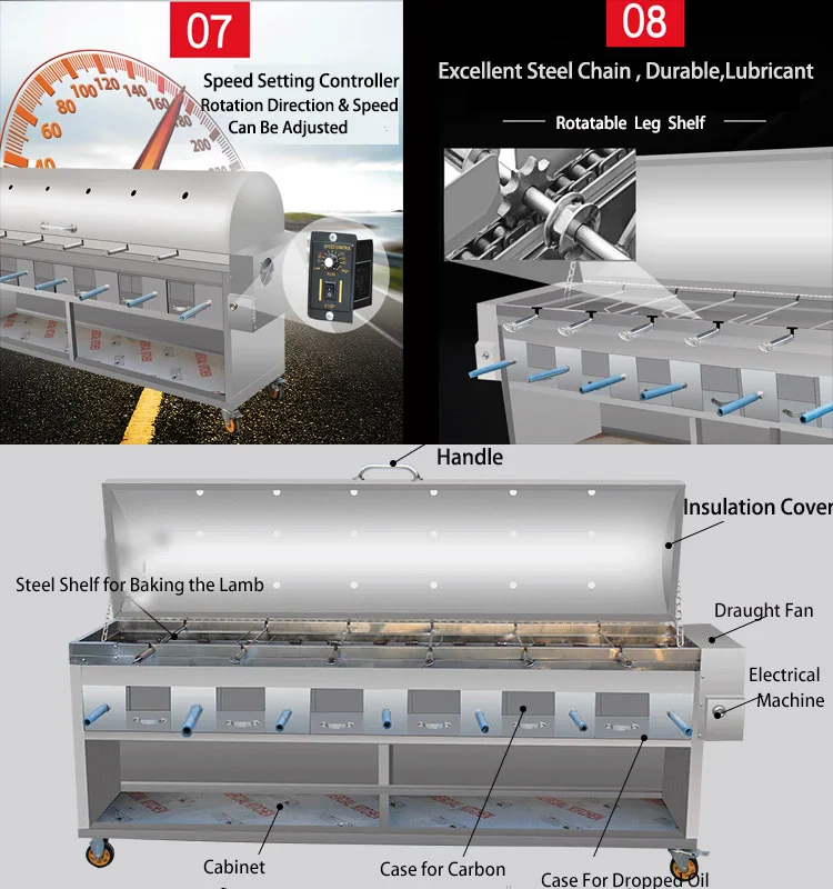 Restaurant outdoor trolley  rotary rotating chicken grill automatic auto gas electric charcoal  kebab lamb  BBQ grill machine