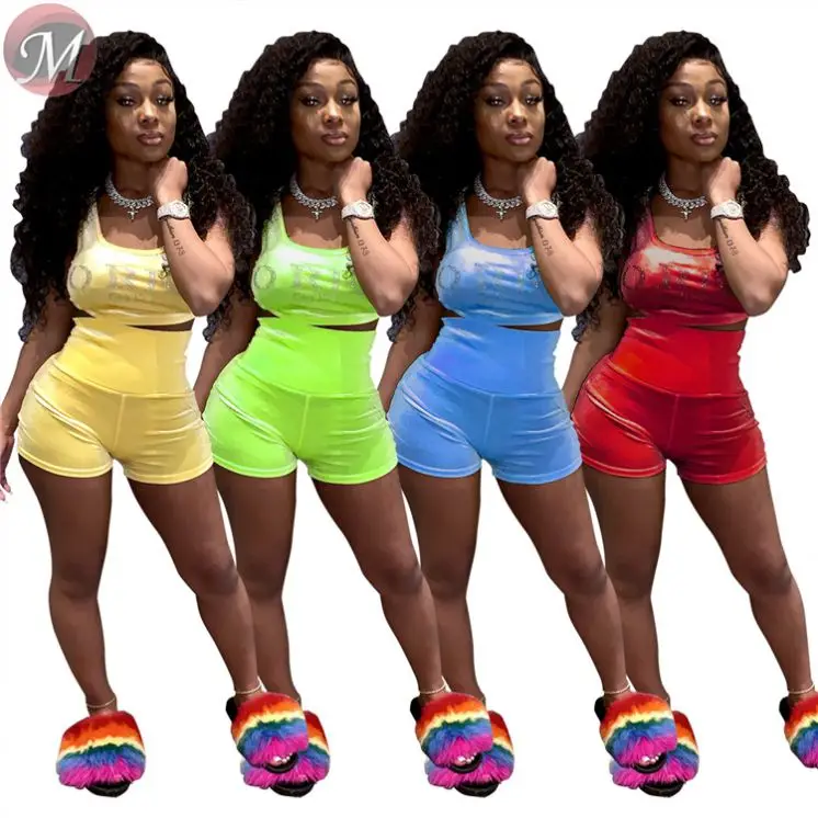 9061310 queenmoen hot sale 4 colors letter rhinestone casual woman high waist sportswear tracksuit shorts set