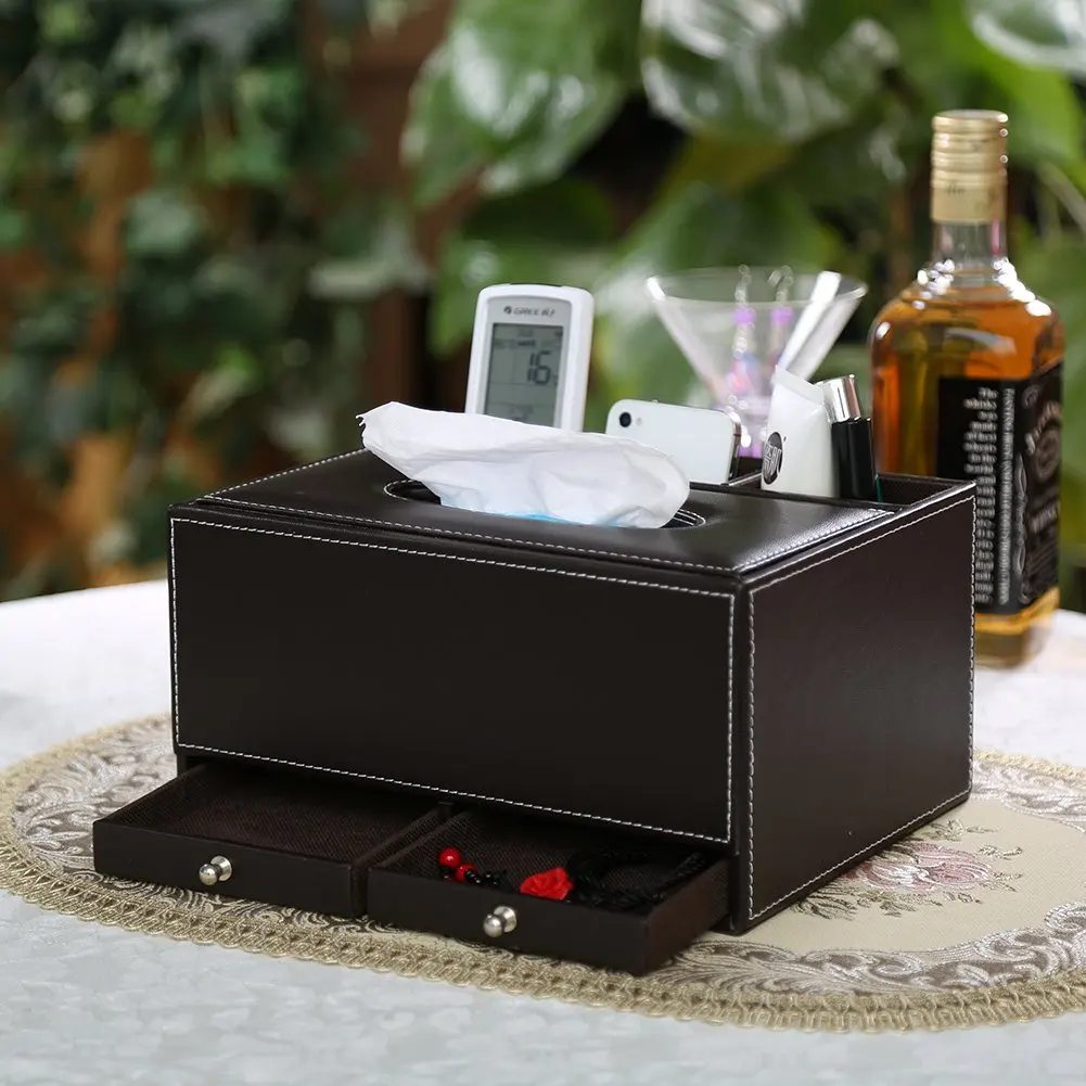 
Multi-function creative Leather office desk organizer tissue box desktop stationery storage box office supplies 