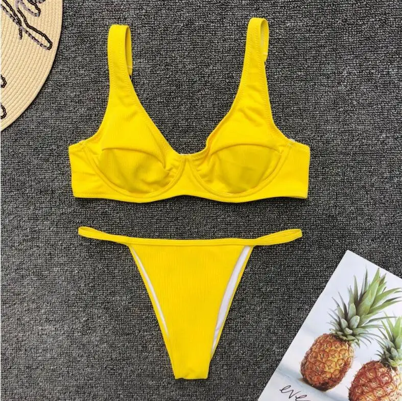 

2019 New Style Extreme Micro Young Girls Hot Sexy Bikini Backless Solid Color Ribbed Two Piece Thong Swimwear, Red;yellow;black;green