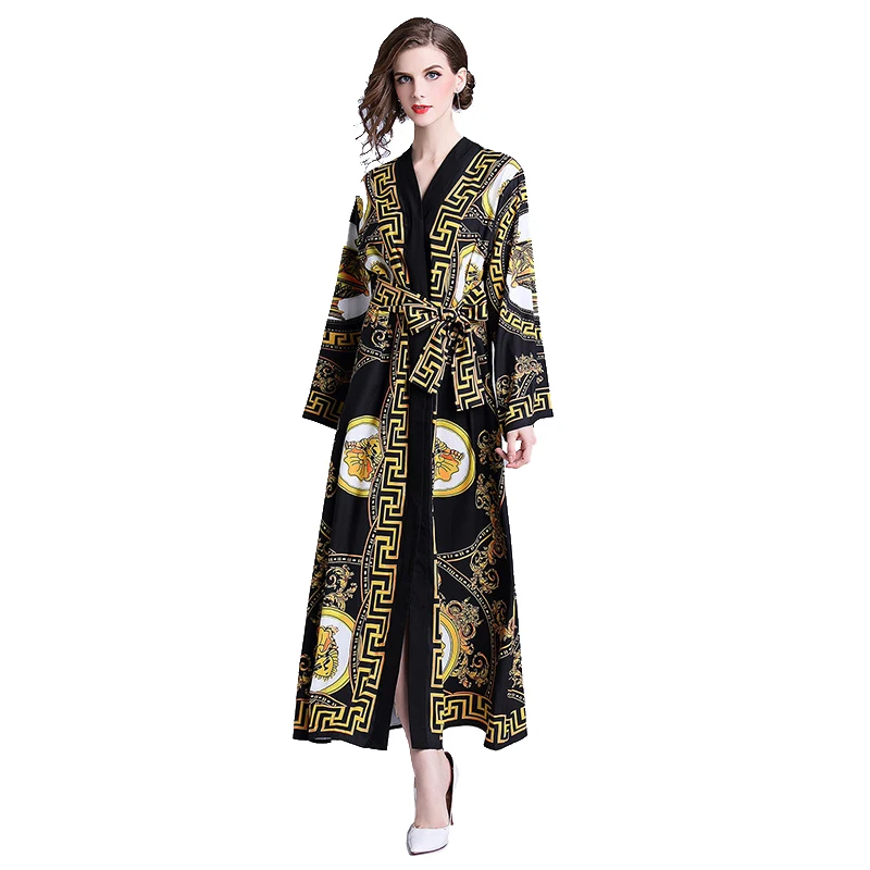 

long sleeve Vintage print women maxi dresses