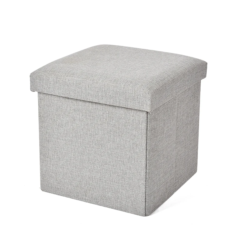 Square Padded Seat Linen Fabric Cover Foldable Ottoman Storage Square Padded Seat Linen Fabric Cover