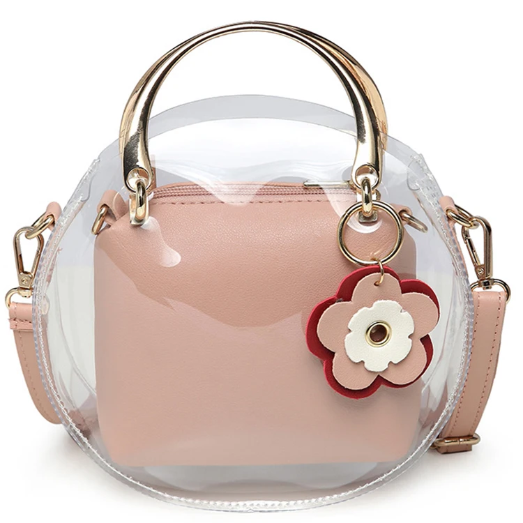 

Ladies Transparent Clear PVC Candy Crossbody Shoulder Bags for Women Flowers Tag PU Leather Jelly Bag 2 in1 Set Purses, Black white