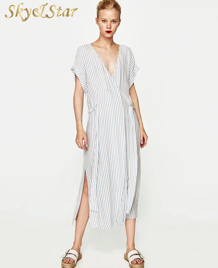 

New arrival women plus size white deep v neck long casual stripe dress