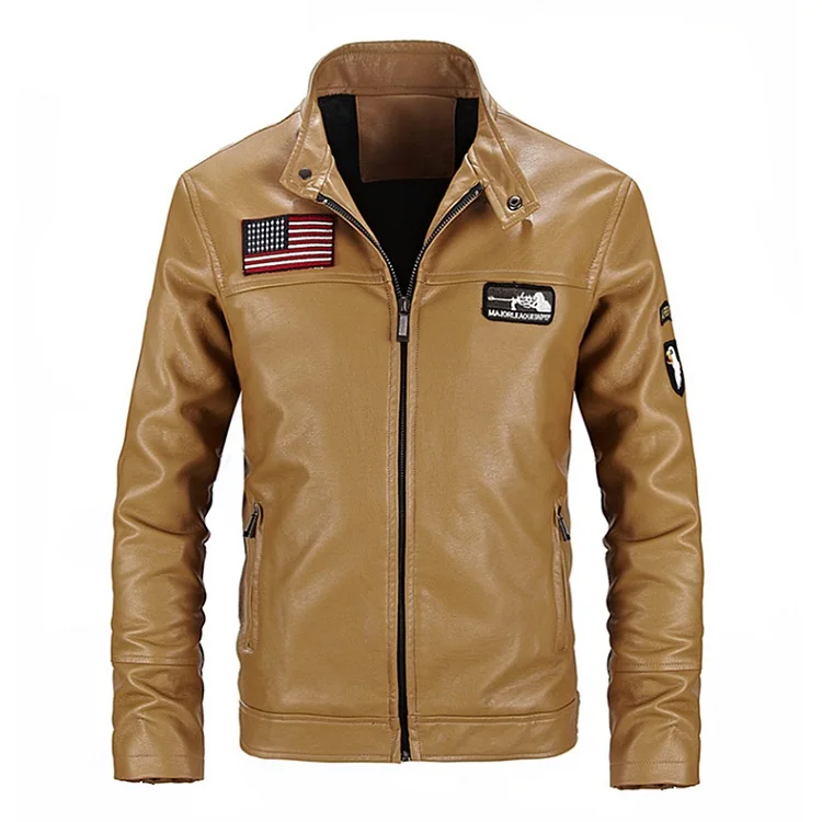 

American Flag Mens Motorcycle Pilot Airborne Faux Leather Jacket Men, Khaki;black