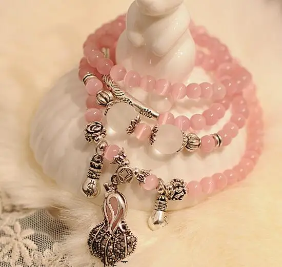 

Natural pink crystal beads bracelet peach stone bracelet cabbage purse pendant vintage women bracelet jewelry wholesale